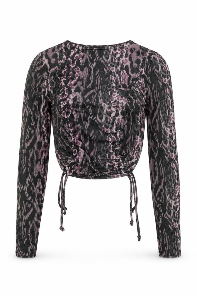 PRETTYLITTLETHING Womens Multicoloured Animal Print Polyester Cropped Blouse Size 4 Boat Neck - Leopard Print