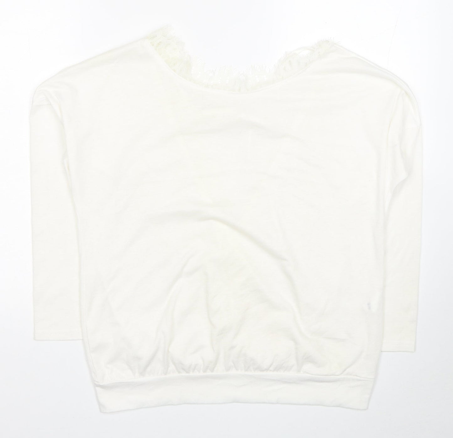 Preworn Womens White Cotton Basic Blouse Size M Boat Neck - Lace Detail