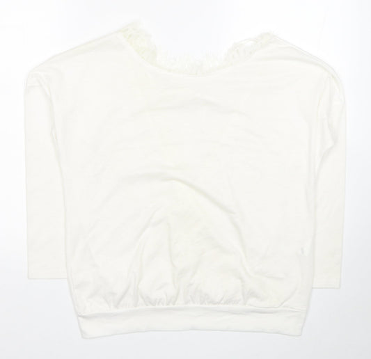 Preworn Womens White Cotton Basic Blouse Size M Boat Neck - Lace Detail