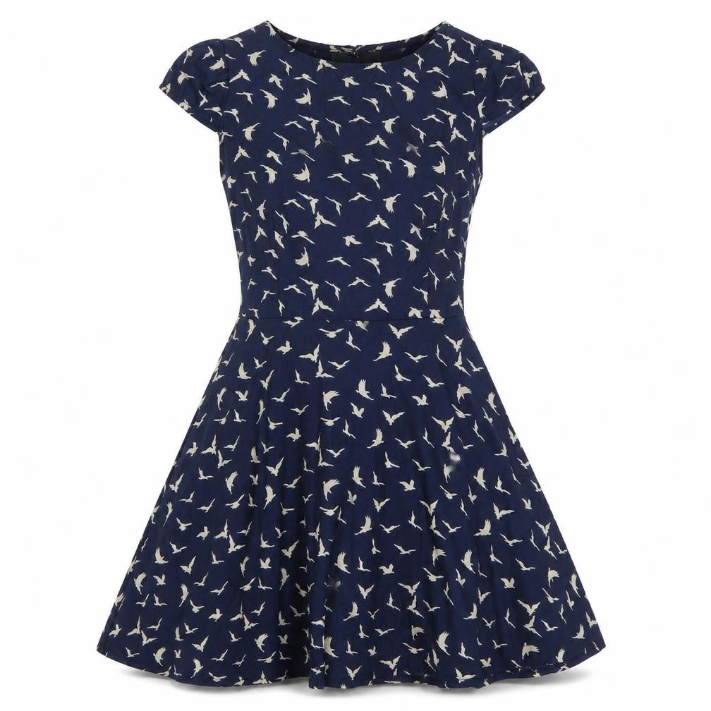 Amber Kristal Womens Blue Geometric Patent Leather Fit & Flare Size S Round Neck Pullover - Bird Print