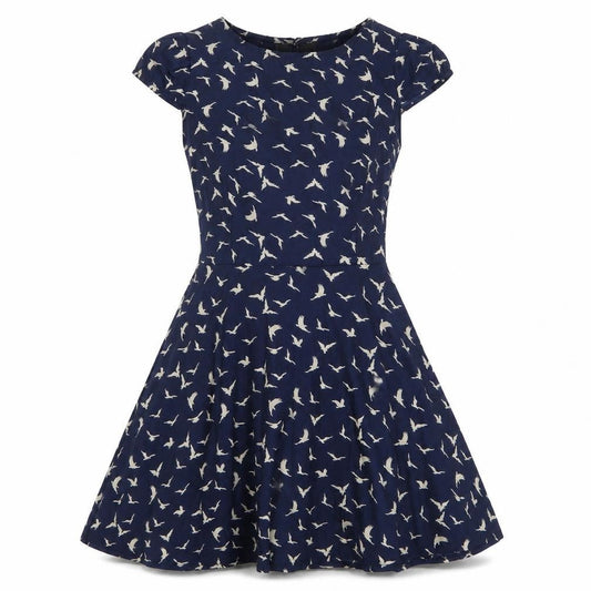 Amber Kristal Womens Blue Geometric Patent Leather Fit & Flare Size S Round Neck Pullover - Bird Print
