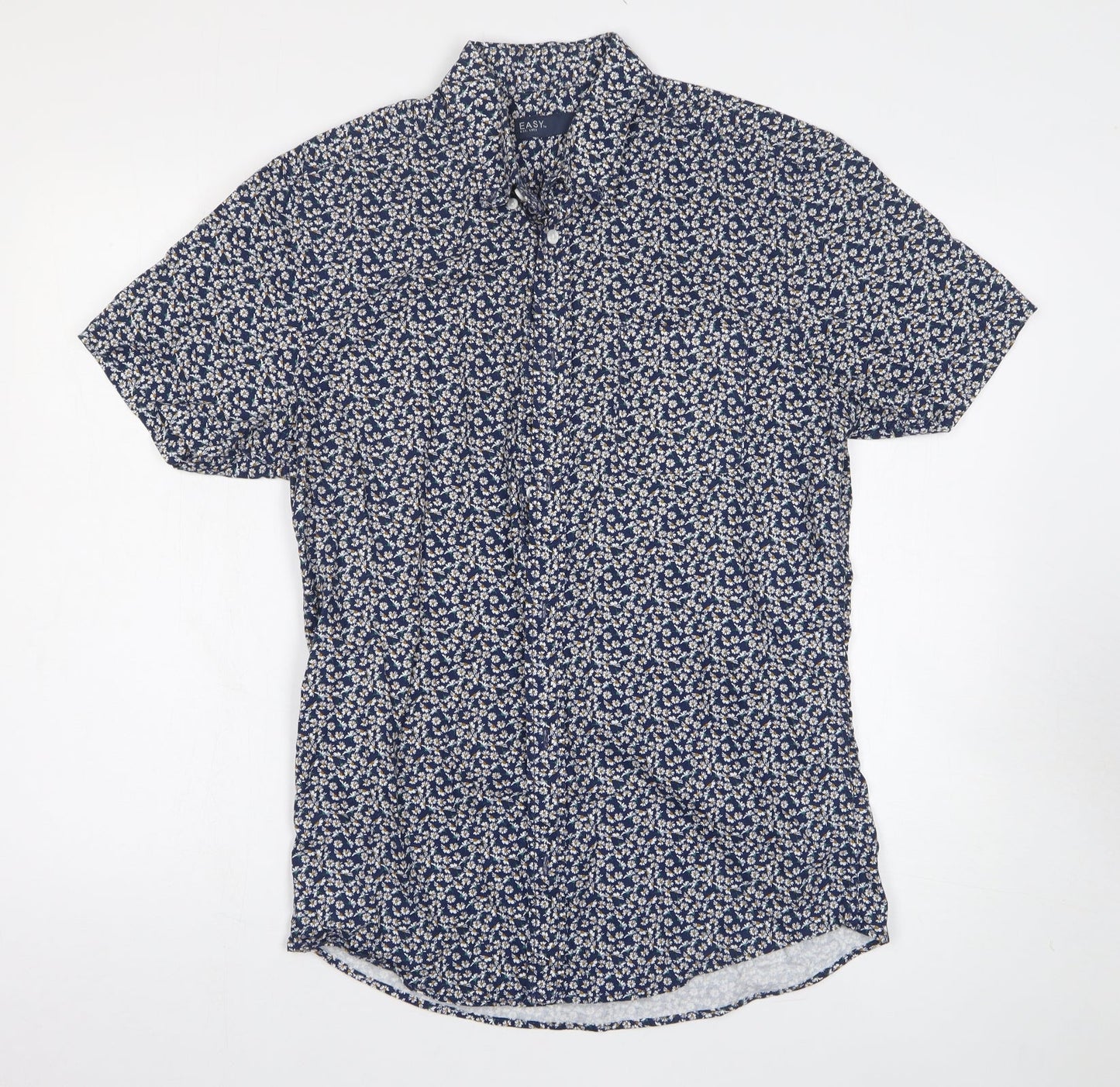 Easy Mens Blue Floral Cotton Button-Up Size S Collared Button