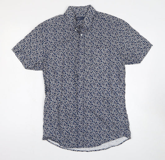 Easy Mens Blue Floral Cotton Button-Up Size S Collared Button
