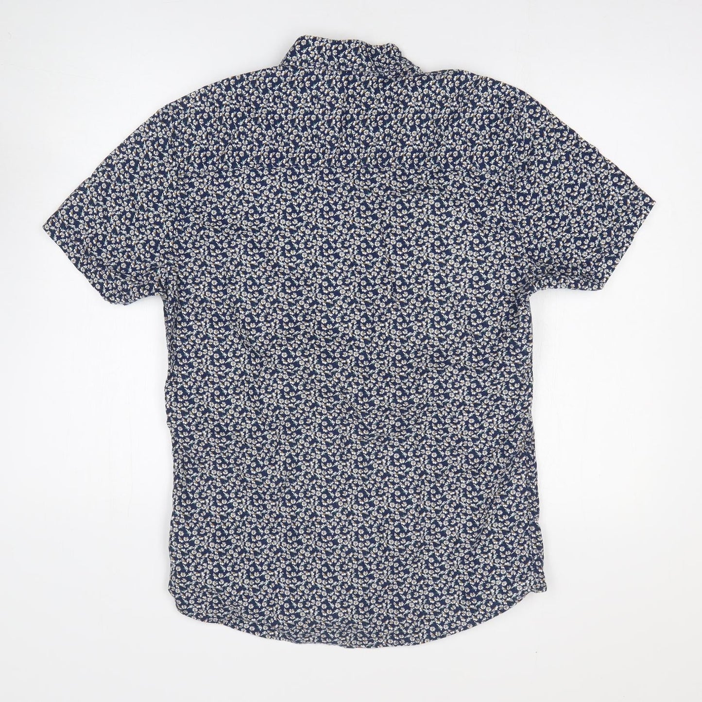 Easy Mens Blue Floral Cotton Button-Up Size S Collared Button