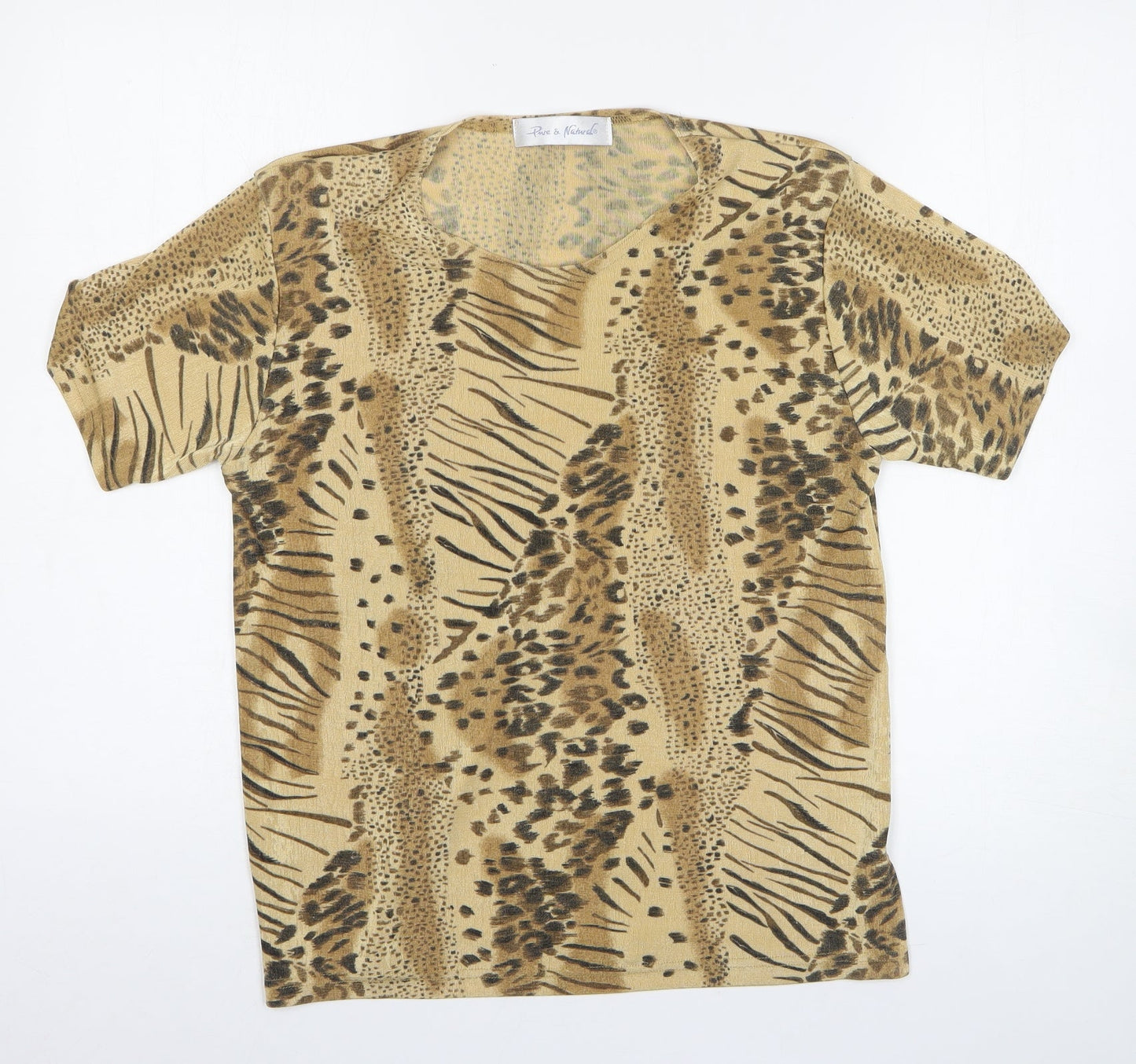 Pure & Natural Womens Brown Animal Print Polyester Basic T-Shirt Size 10 Round Neck - Leopard Tiger Print