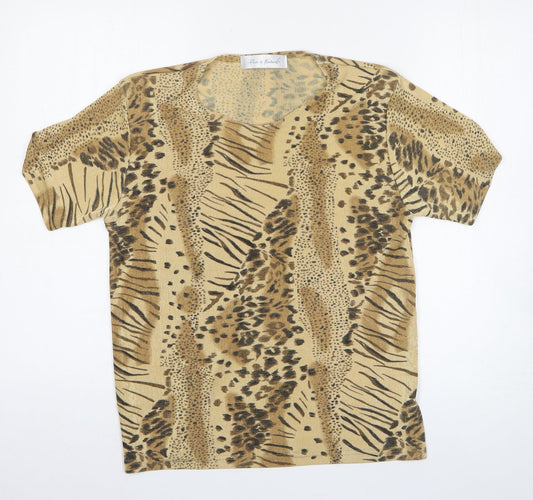 Pure & Natural Womens Brown Animal Print Polyester Basic T-Shirt Size 10 Round Neck - Leopard Tiger Print