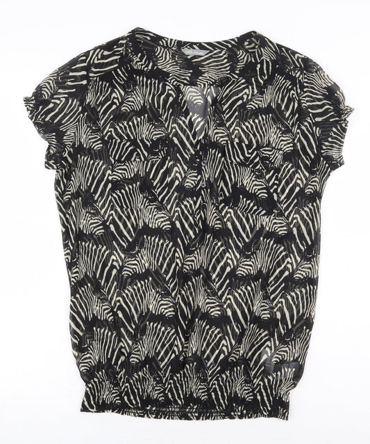 Marks and Spencer Womens Black Animal Print Polyester Basic Blouse Size 10 V-Neck - Zebra Print