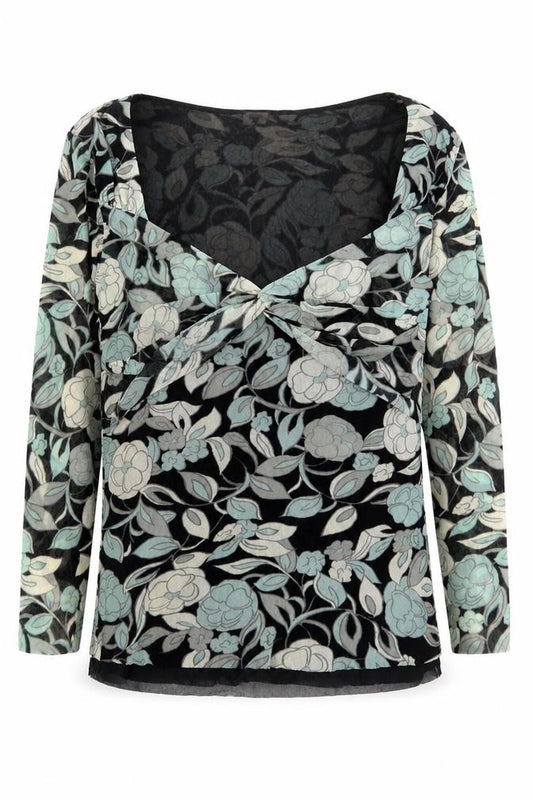 Preworn Womens Green Floral Nylon Basic Blouse Size M V-Neck