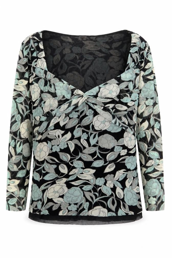 Preworn Womens Green Floral Nylon Basic Blouse Size M V-Neck