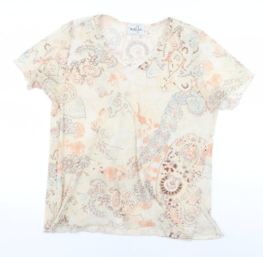 Maliella Gelli Womens Beige Floral Polyester Basic Blouse Size 14 V-Neck - Size 14/16