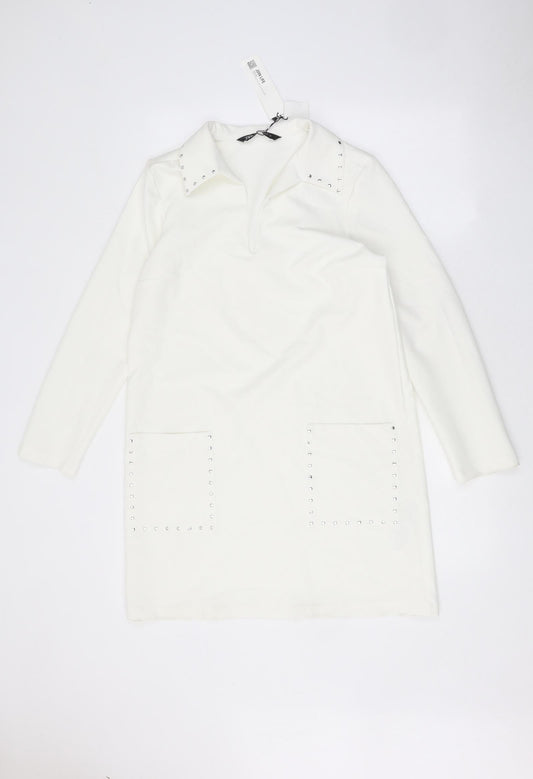 Zara Womens White Polyester A-Line Size XS Round Neck Pullover