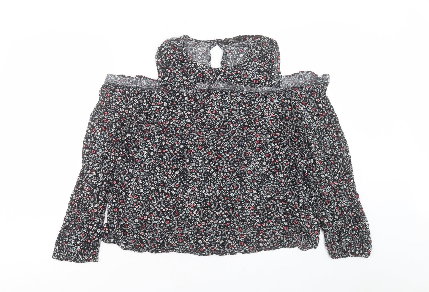 Dorothy Perkins Womens Black Floral Viscose Basic T-Shirt Size 18 Crew Neck - Cold Shoulder