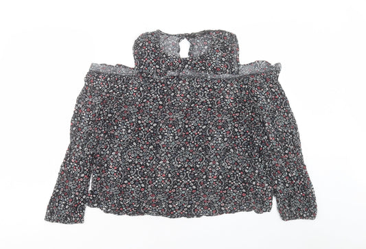 Dorothy Perkins Womens Black Floral Viscose Basic T-Shirt Size 18 Crew Neck - Cold Shoulder