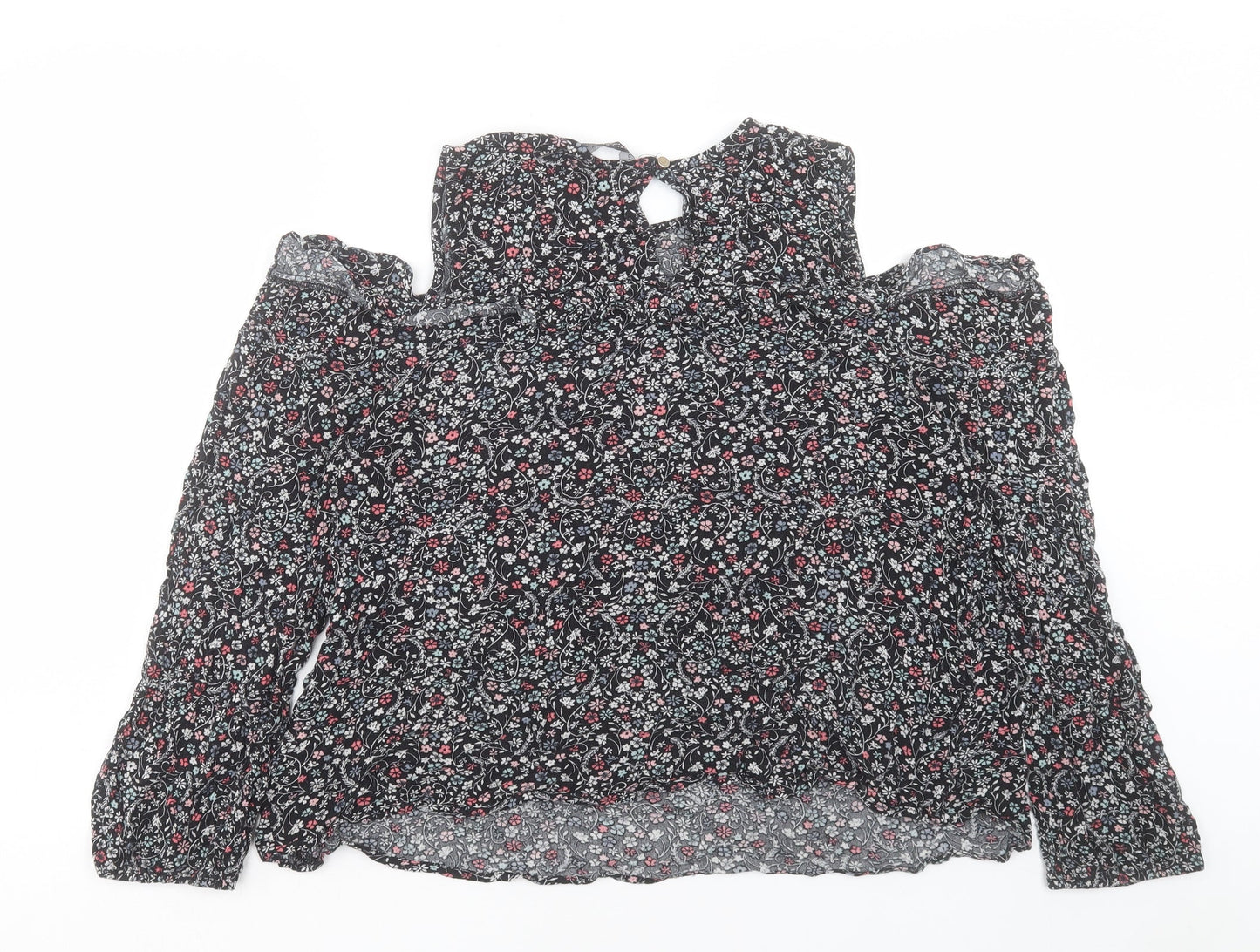 Dorothy Perkins Womens Black Floral Viscose Basic T-Shirt Size 18 Crew Neck - Cold Shoulder