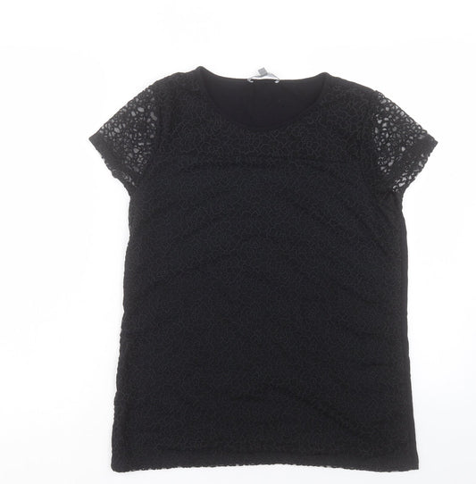 Laura Ahsley Womens Black Polyester Basic T-Shirt Size 14 Crew Neck