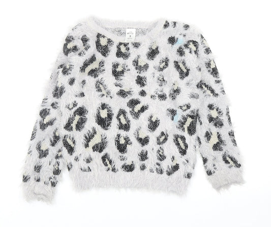 Miss Understood Girls Grey Round Neck Animal Print Acrylic Pullover Jumper Size 9 Years Pullover - Leopard Print