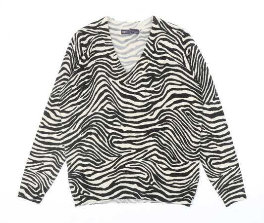 Marks and Spencer Womens Black V-Neck Animal Print Acrylic Pullover Jumper Size S - Zebra Print