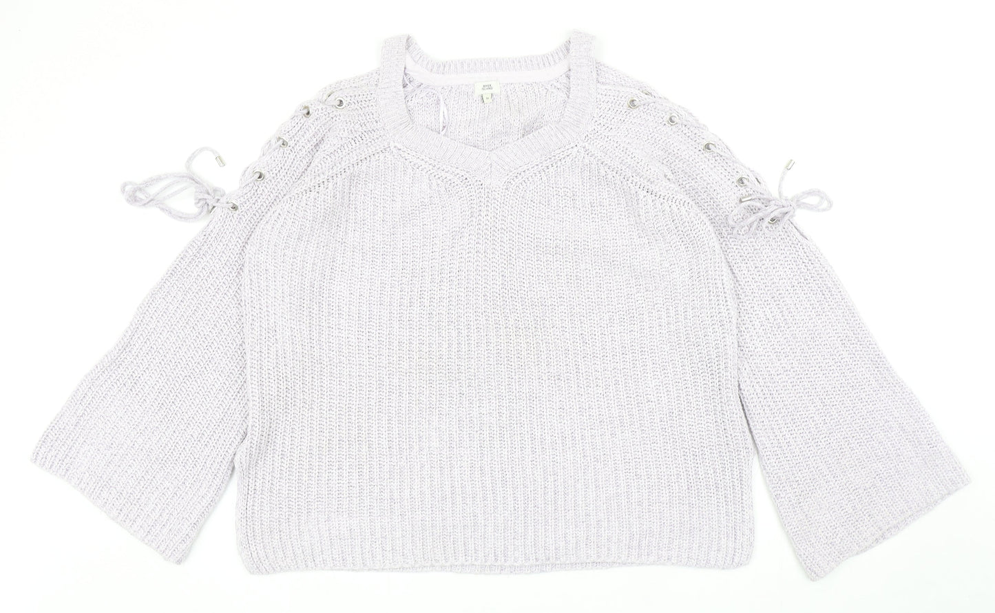 River Island Womens Purple V-Neck Cotton Pullover Jumper Size M - Eyelet Detail, Cold Shoulder