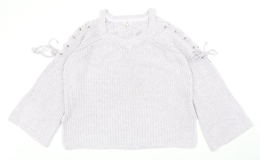 River Island Womens Purple V-Neck Cotton Pullover Jumper Size M - Eyelet Detail, Cold Shoulder