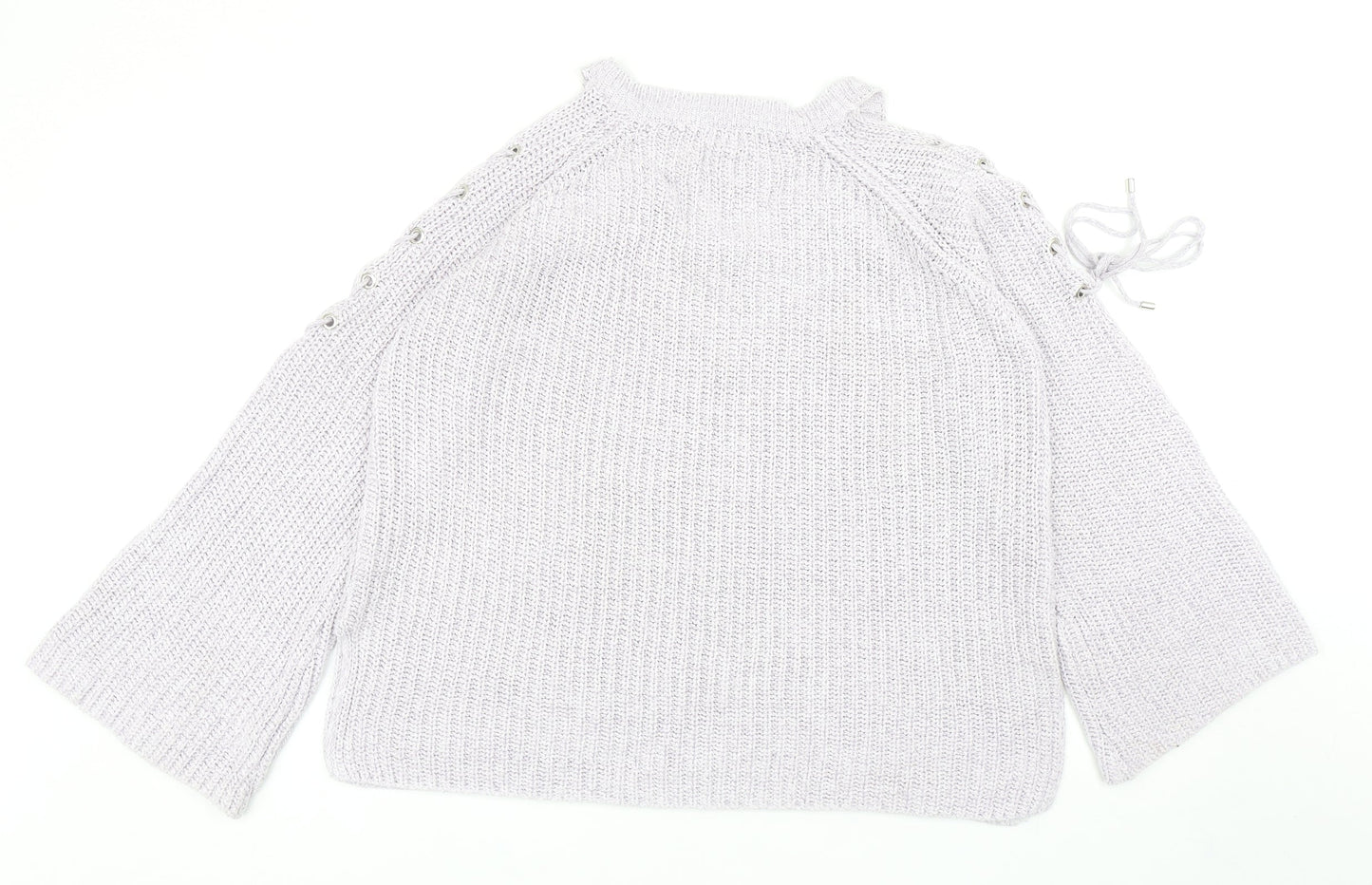 River Island Womens Purple V-Neck Cotton Pullover Jumper Size M - Eyelet Detail, Cold Shoulder