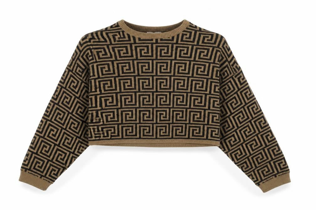Femme Luxe Womens Brown Round Neck Geometric Acrylic Pullover Jumper Size M - Cropped, UK Size M?L