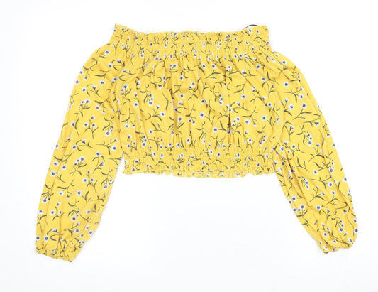 Divided by H&M Womens Yellow Floral Polyester Cropped Blouse Size S Off the Shoulder