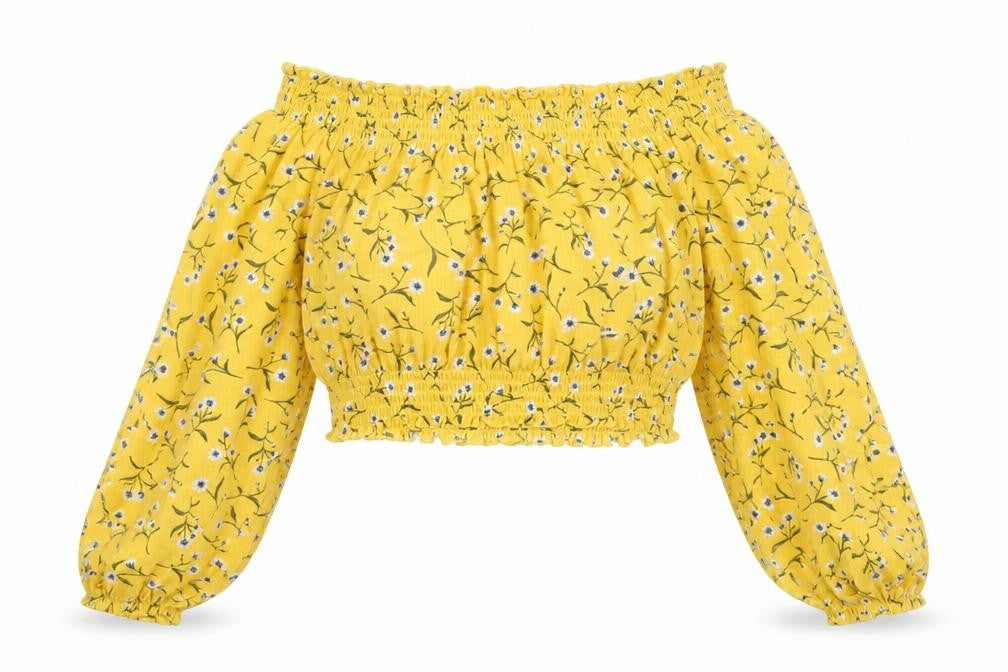 Divided by H&M Womens Yellow Floral Polyester Cropped Blouse Size S Off the Shoulder