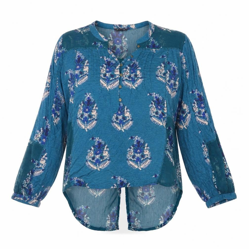 Lucky Brand Womens Blue Floral Polyester Basic Blouse Size XS Round Neck