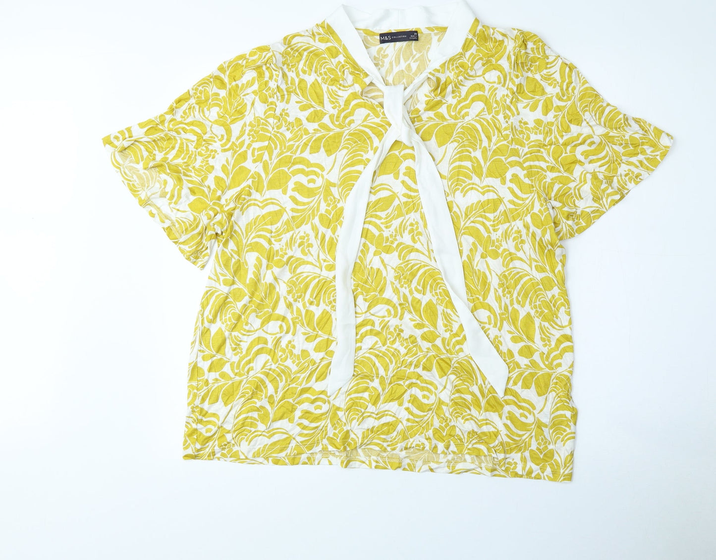 Marks and Spencer Womens Yellow Floral Polyester Basic Blouse Size 20 V-Neck