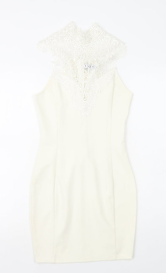 Miss Holly Womens White Cotton Mini Size XS High Neck Zip - Lace Top