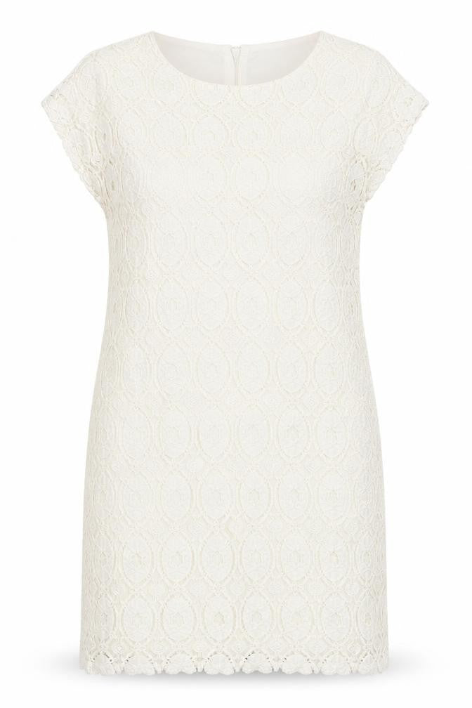 Oui Womens White Geometric Polyamide Shift Size 12 Round Neck Zip - Lace Overlay