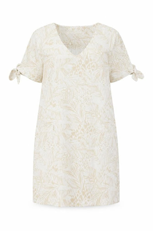 TU Womens Beige Geometric Linen Shift Size 8 V-Neck Pullover