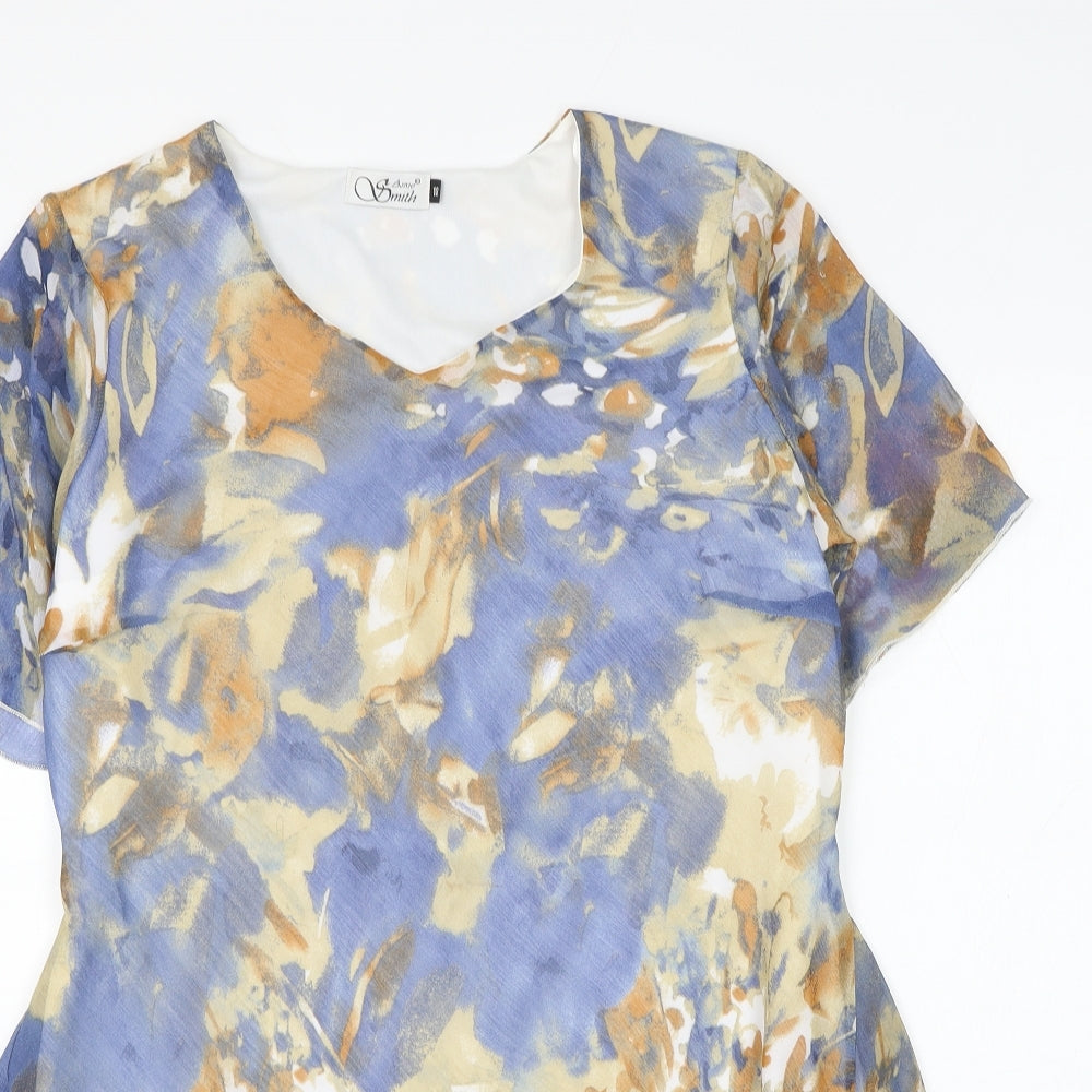 Anne Smith Womens Blue Geometric Polyester Basic Blouse Size 18 Round Neck