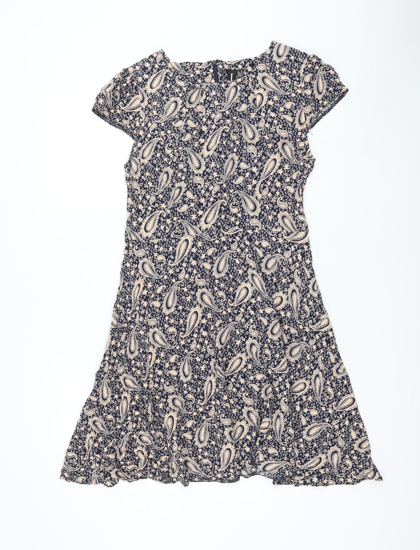 Izabel London Womens Blue Paisley Viscose Skater Dress Size 12 Round Neck Zip