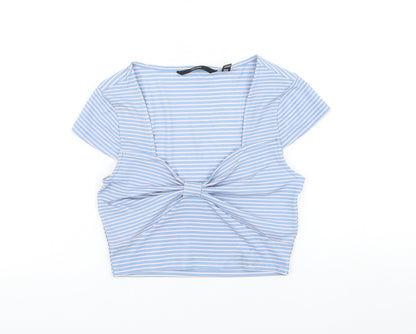 Vera Moda Womens Blue Striped Polyester Cropped Blouse Size XS Scoop Neck - Knot Front