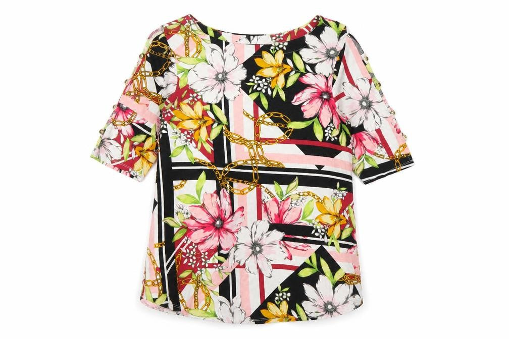 Cable & Gauge Womens Multicoloured Floral Viscose Basic T-Shirt Size L Boat Neck