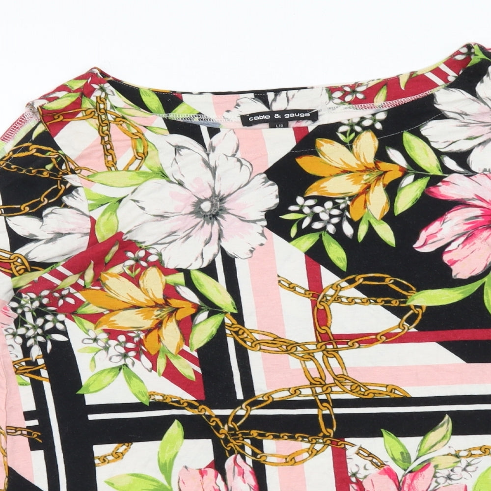 Cable & Gauge Womens Multicoloured Floral Viscose Basic T-Shirt Size L Boat Neck