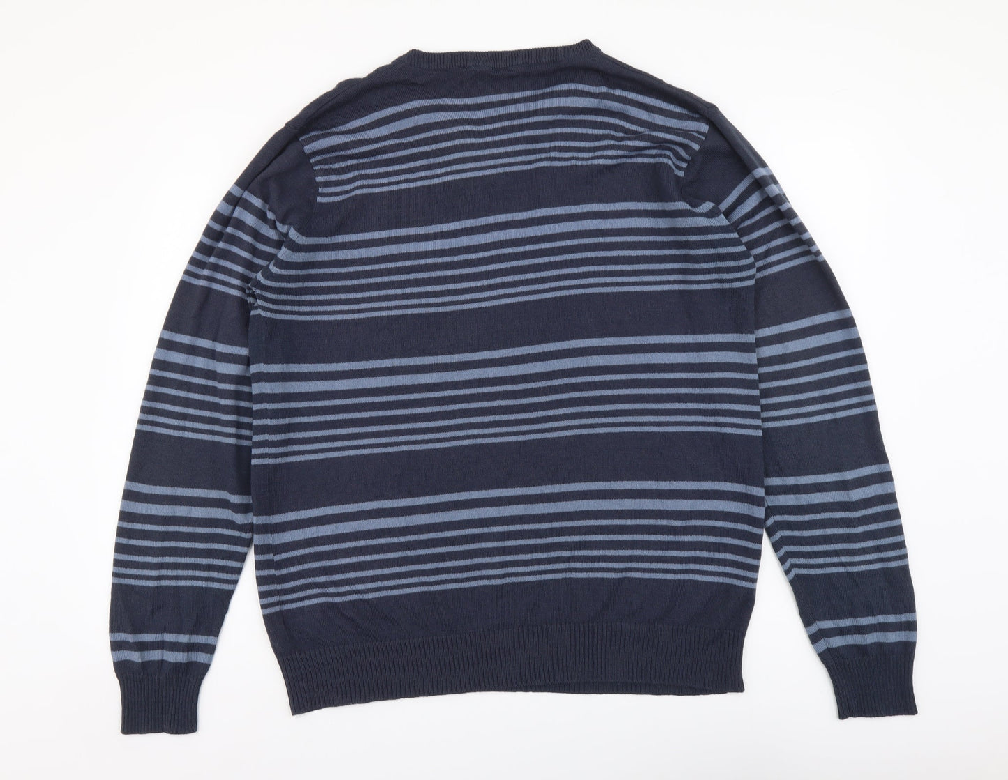Easy Womens Blue V-Neck Striped Acrylic Pullover Jumper Size L