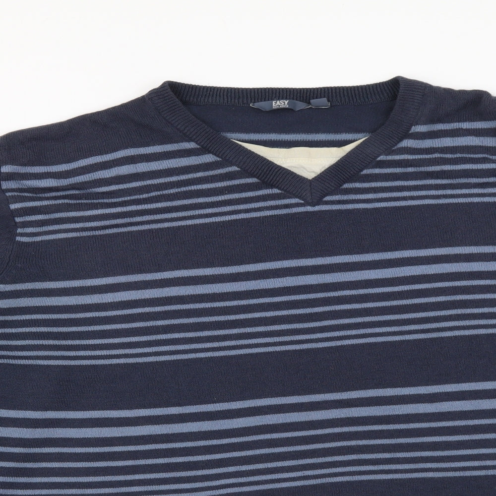 Easy Womens Blue V-Neck Striped Acrylic Pullover Jumper Size L