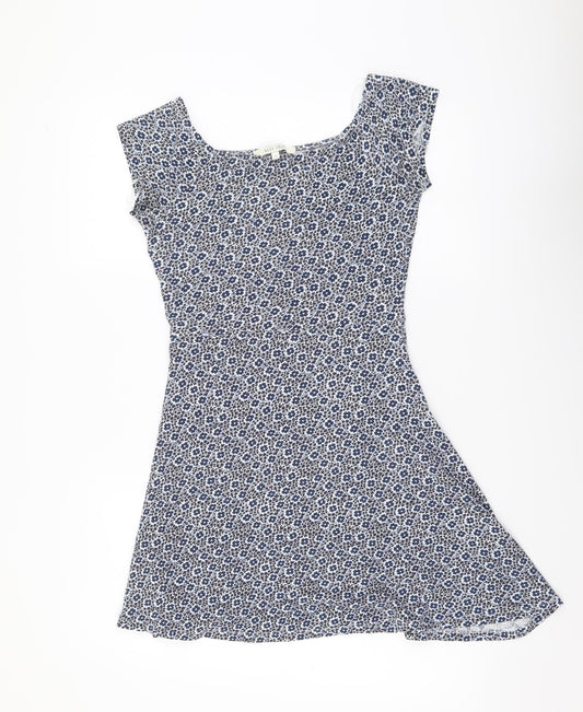 Easy Wear Womens Blue Floral Cotton Mini Size S Boat Neck Pullover