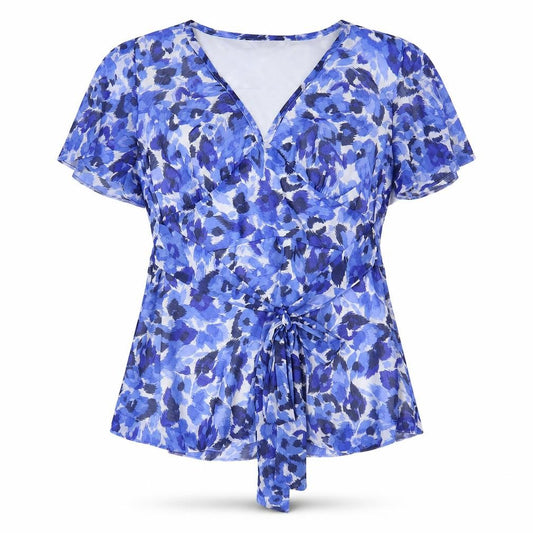 EWM Womens Blue Geometric Polyester Basic T-Shirt Size 14 V-Neck