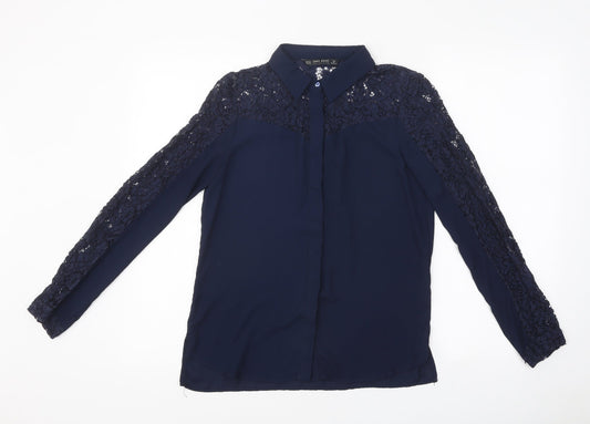 Zara Womens Blue Polyester Jersey Button-Up Size S Collared