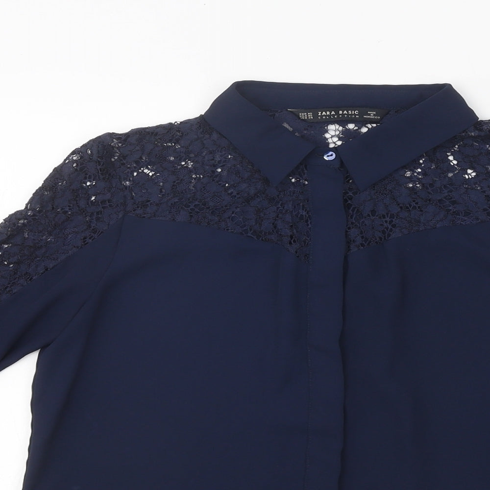 Zara Womens Blue Polyester Jersey Button-Up Size S Collared