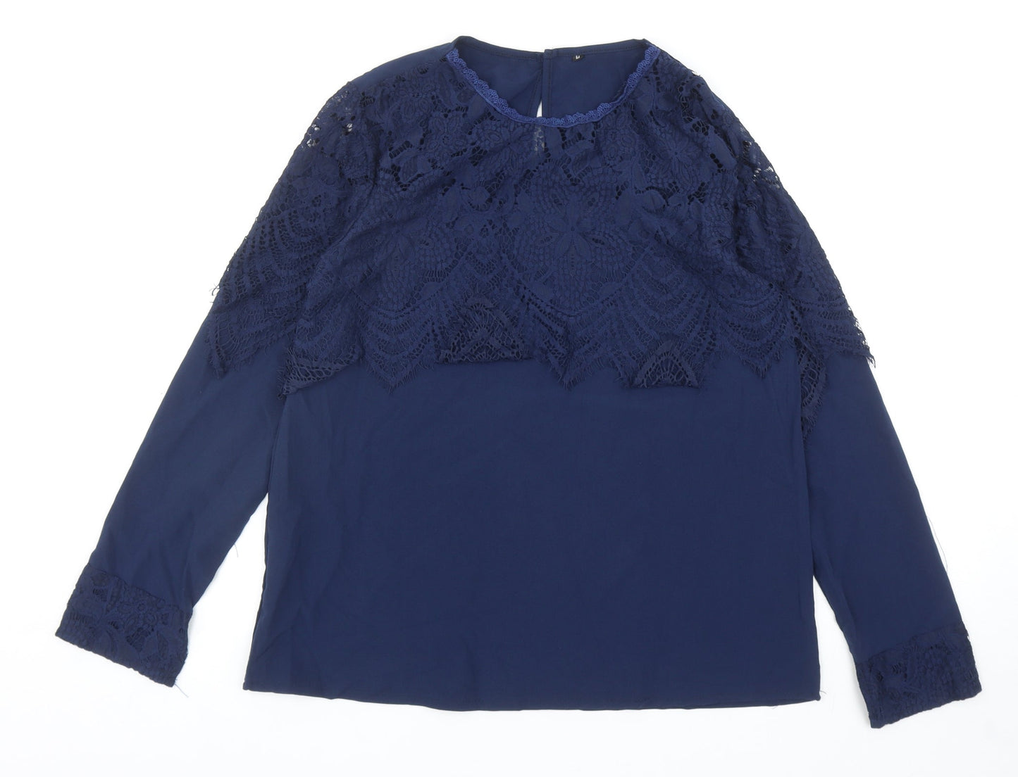 Preworn Womens Blue Polyester Basic Blouse Size M Round Neck - Lace Detail