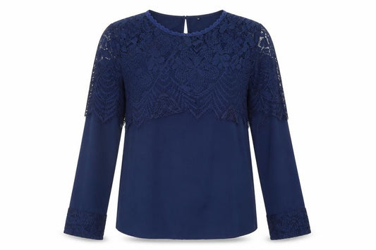 Preworn Womens Blue Polyester Basic Blouse Size M Round Neck - Lace Detail