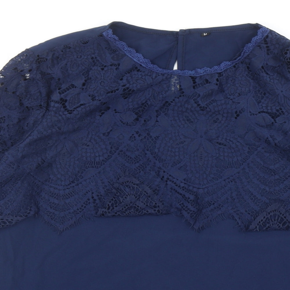 Preworn Womens Blue Polyester Basic Blouse Size M Round Neck - Lace Detail