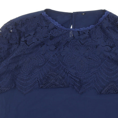 Preworn Womens Blue Polyester Basic Blouse Size M Round Neck - Lace Detail