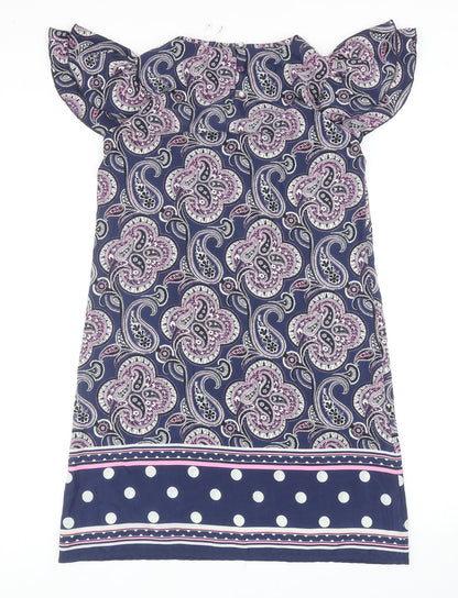 Next Womens Blue Paisley Polyester A-Line Size 10 Scoop Neck Button
