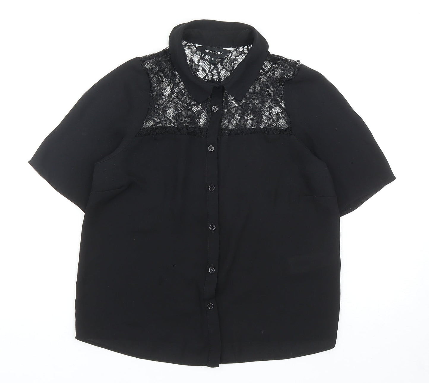 New Look Womens Black Polyester Basic Button-Up Size 6 Collared - Lace Detail