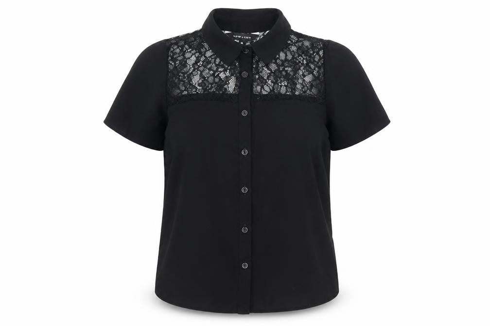 New Look Womens Black Polyester Basic Button-Up Size 6 Collared - Lace Detail